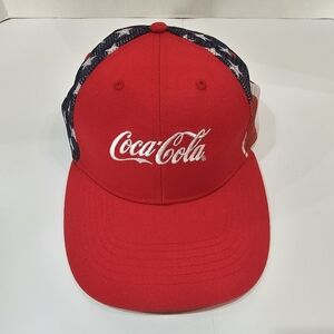 Coca-Cola Flag Hat Mesh Snapback Trucker Cap Red White Blue USA Adjustable EUC